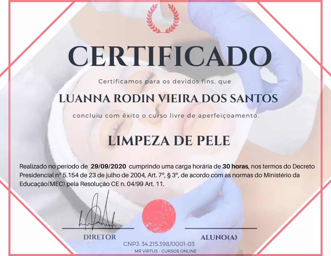 Certificado do curso de limpeza de pele